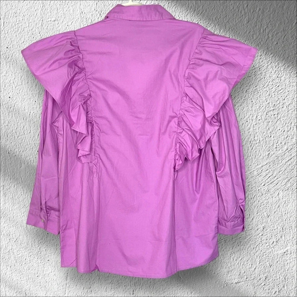 New J. NNA Lavender Ruffled Button Down Blouse Size Large Fairy Classic Workwear - Picture 2 of 10